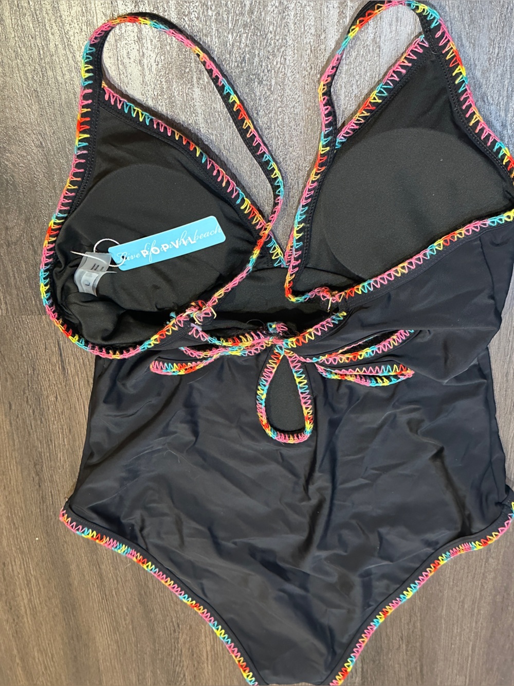 Rainbow Trim Cutout One Piece Swimsuit Black Neon Stitching Size Large NWT - Picture 11 of 11
